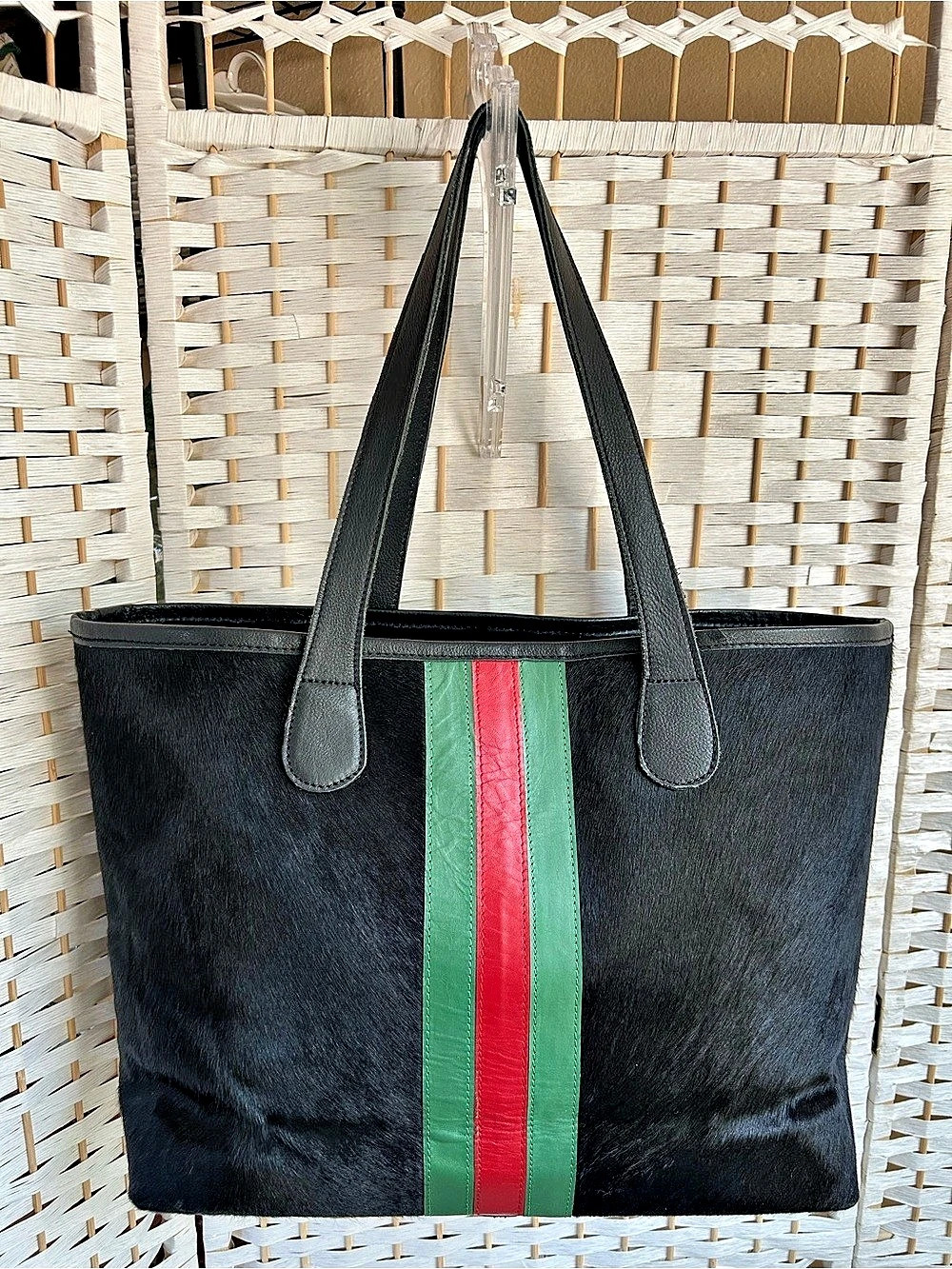 PARKER & HYDE Color Block Shoulder Bag Tote Purse Cowhide Leather Black/Red/Grn